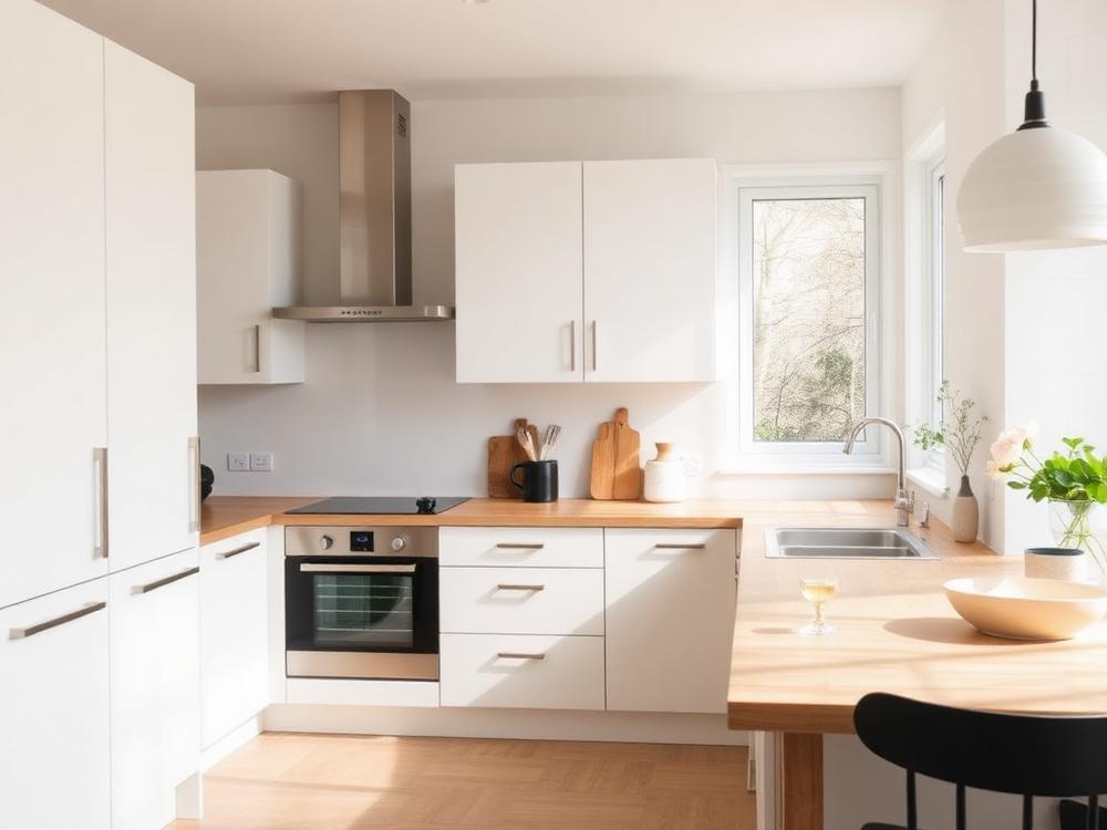 Keuken renovatie met witte keukenkasten en houten werkblad
